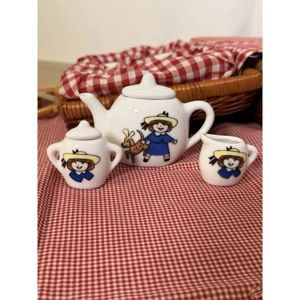 Vintage Schylling Madeline Tea Set Wicker Picnic Basket Complete Set Gingham 90s